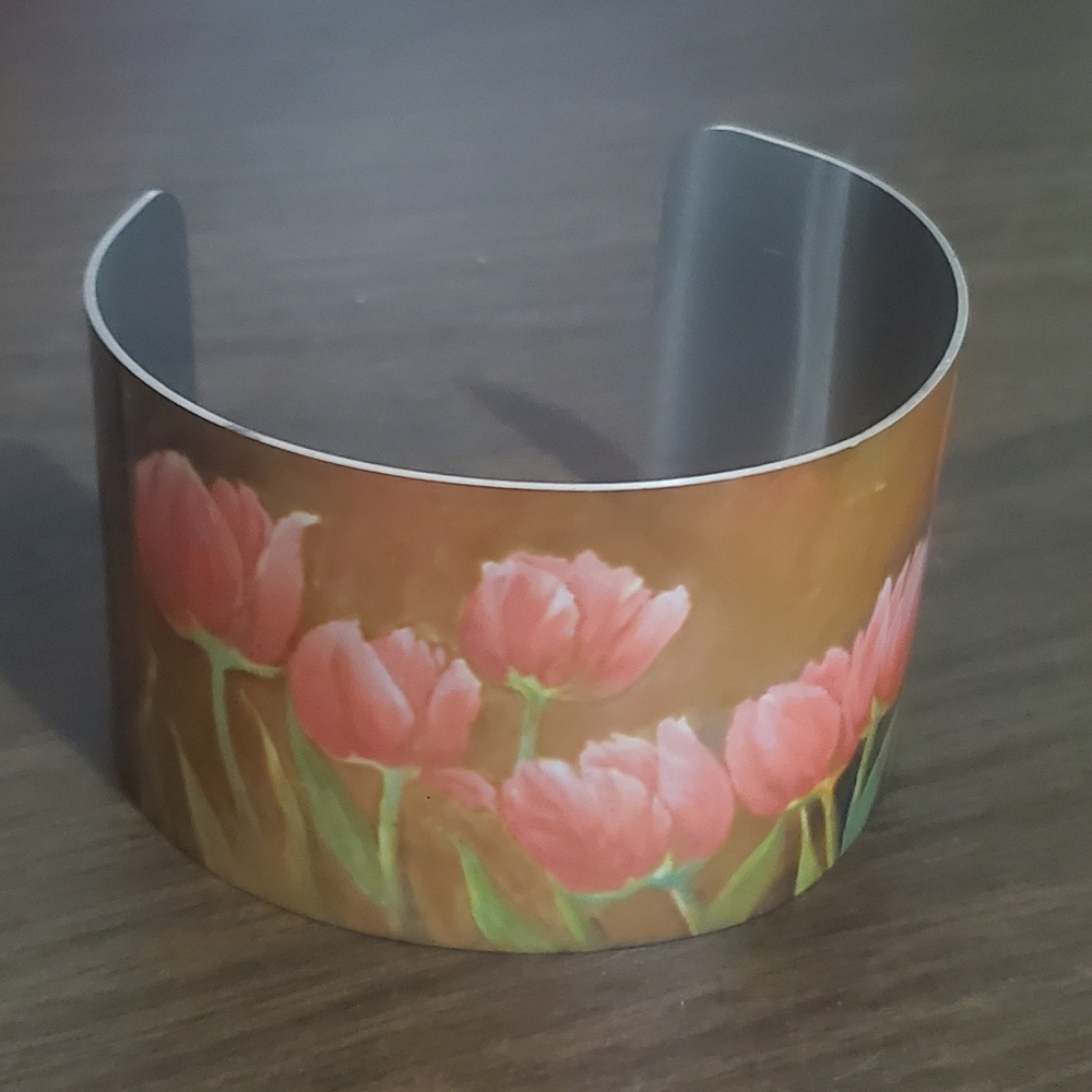 "NWOT" Floral Aluminum Cuff Bracelet with Pink Tulips